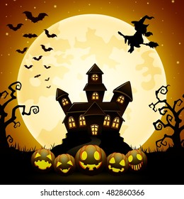Halloween night background with pumpkins, witch flying, haunted castle and full moon .Vector illustration