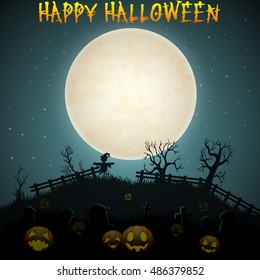 Halloween night background with scarecrow and pumpkins .Vector illustration