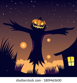 halloween night background with scarecrow vector illustration design