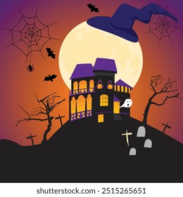 Halloween night background with scarry dark house; nightime with big moon background and house for Halloween celebration