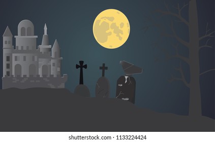Halloween night background with scary castle and graveyard,the crow origami ,vector illustration.