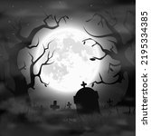 Halloween night background. Scary cemetery and full moon. Black and white vector banner