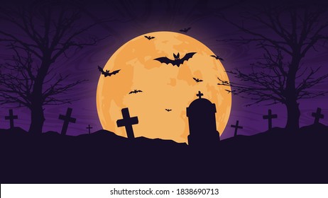 Halloween night background. Scary cemetery and full moon. Vector banner