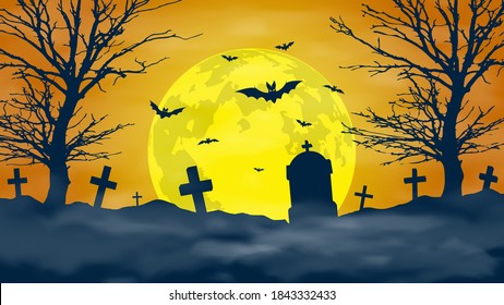 Halloween night background. Scary cemetery and full moon. Vector banner