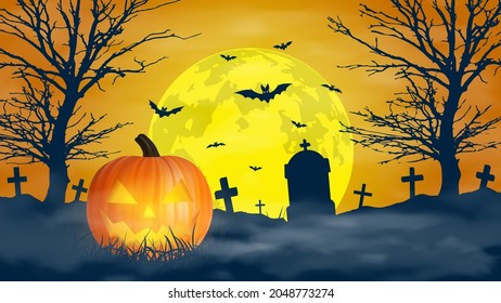 Halloween night background. Scary cemetery and full moon. Vector banner