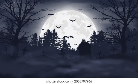 Halloween night background. Scary cemetery and full moon. Vector banner