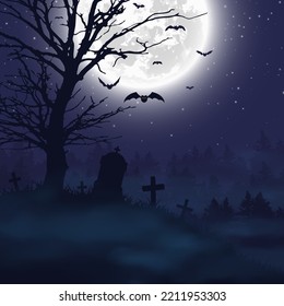 Halloween night background. Scary cemetery and full moon. Vector banner