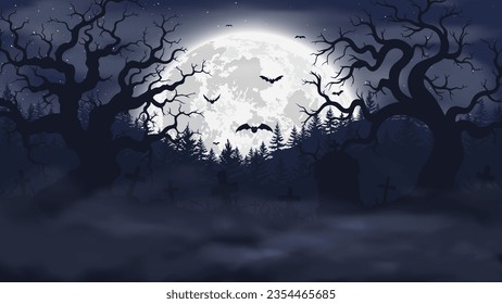 Halloween night background. Scary cemetery and full moon. Vector banner