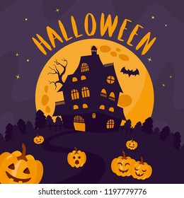 Halloween night background. Scary illustration with haunted house, full moon and evil pumpkin. Greeting card or invitation for Halloween party.