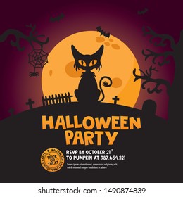 Halloween night background. Scary illustration with cat and full moon. Greeting card, banner, poster, or invitation template for Halloween party.