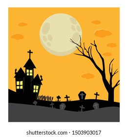 Halloween night background. Scary illustration with haunted house,  full moon