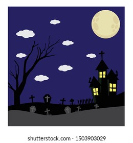 Halloween night background. Scary illustration with haunted house,  full moon