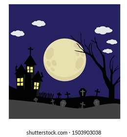Halloween night background. Scary illustration with haunted house,  full moon