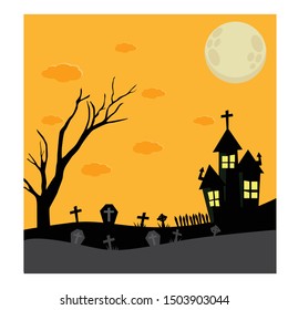 Halloween night background. Scary illustration with haunted house,  full moon