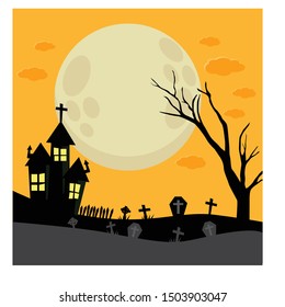 Halloween night background. Scary illustration with haunted house,  full moon