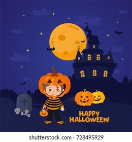 Halloween night background. Scary illustration with haunted house, graveyard, full moon, boy in a pumpkin costume. Greeting card or invitation for Halloween party.