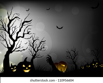 Halloween night background with scary pumpkins, bats and dead trees. EPS 10.