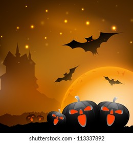 Halloween night background with scary pumpkins, flying bats and haunted house. EPS 10.