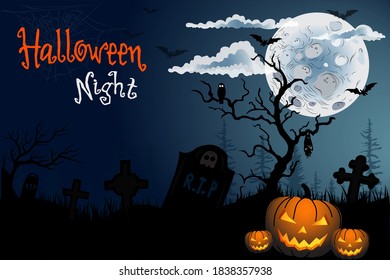 Halloween night background with scary pumpkins, Cemetery , Spooky trees and full moon. Vector illustrations. Spooky night with full moon- Halloween. 