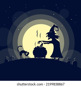 Halloween night background with scary witch, cat and cemetery. Vector illustration.
