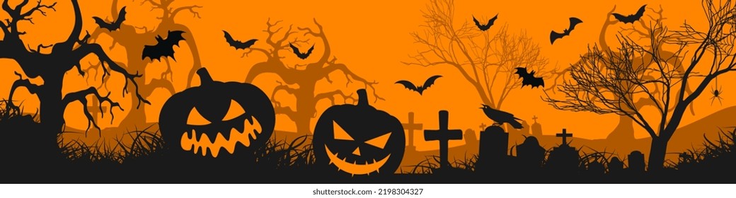 Halloween night background with silhouettes of halloween pumpkins cemetery and scary bats. Vector illustration.