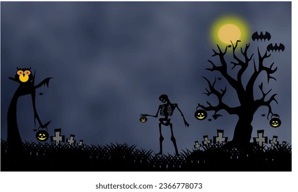 Halloween night background with Skeleton , gravestones , an owl , spiders and pumkins. Vector illustration.