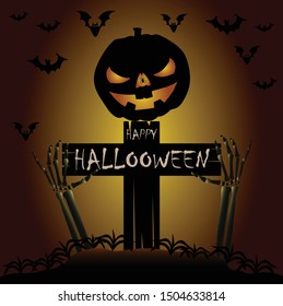 Halloween night background skeleton with pumpkin.