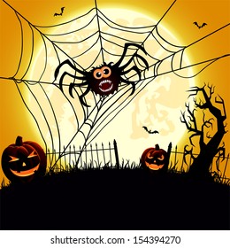 Halloween night background with spider and pumpkins, illustration
