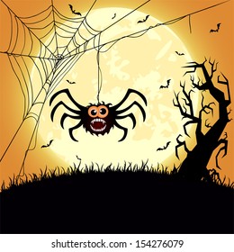 Halloween night background with spider, tree and Moon, illustration