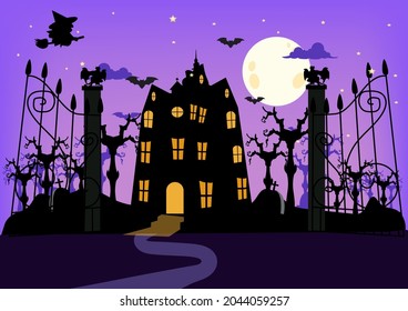 Halloween night background in Spooky dark Night and haunted house with moonlight isolated on purple background. vector illustration Halloween concept