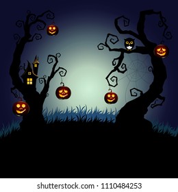 Halloween night background. Spooky forest with trees decorated with halloween pumpkins and mystic tree house 