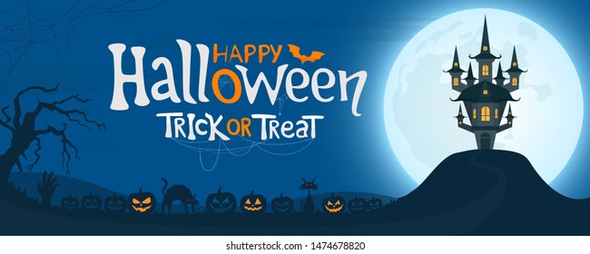 Halloween night background with text. Spooky castle under the moonlight and scary pumpkins. Vector illustration.