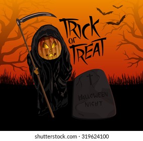 Halloween night background with Trick or Treat hand lettering, bats and character dressed as death.