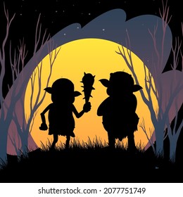 Halloween night background with trolls silhouette illustration