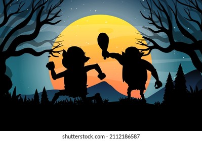 Halloween night background with trolls silhouette illustration