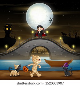 Halloween night background with vampire, mummy and cats