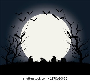 Halloween night background vector have bat flying and big full moon 