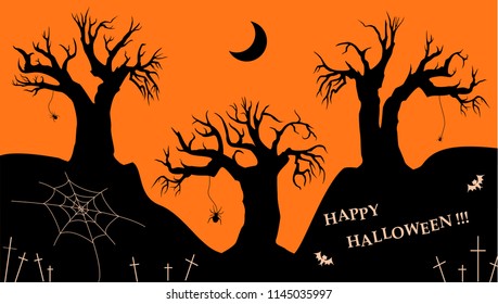 Halloween night background vector illustration with creepy trees and bats, spiders