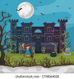 Halloween night background, vector illustration. Dark castle design and scary moon, girl witch character with cartoon broom. October magic celebration banner, spooky mystery house scene.