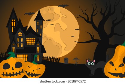 Halloween night background. Vector illustration for the October holiday, banner. Poster, invitation template for halloween party, web page. 