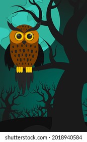 Halloween night background. Vector illustration for the October holiday, banner. Poster, invitation template for halloween party, web page. An owl sits on a tree at night. 