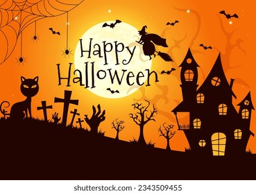 Halloween Night Background Vector Illustration with Pumpkins on the Moonlight and Several Other Elements in Flat Cartoon Hand Drawn Templates