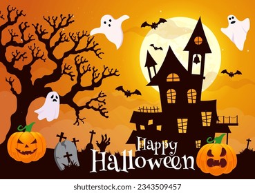 Halloween Night Background Vector Illustration with Pumpkins on the Moonlight and Several Other Elements in Flat Cartoon Hand Drawn Templates