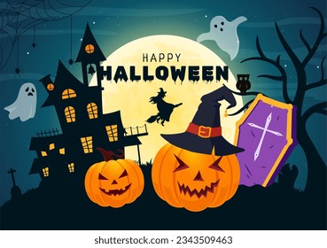 Halloween Night Background Vector Illustration with Pumpkins on the Moonlight and Several Other Elements in Flat Cartoon Hand Drawn Templates