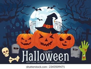 Halloween Night Background Vector Illustration with Pumpkins on the Moonlight and Several Other Elements in Flat Cartoon Hand Drawn Templates