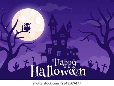 Halloween Night Background Vector Illustration with Pumpkins on the Moonlight and Several Other Elements in Flat Cartoon Hand Drawn Templates