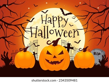 Halloween Night Background Vector Illustration with Pumpkins on the Moonlight and Several Other Elements in Flat Cartoon Hand Drawn Templates