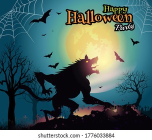 halloween night background with werewolf over full moon.-Vector illustration.