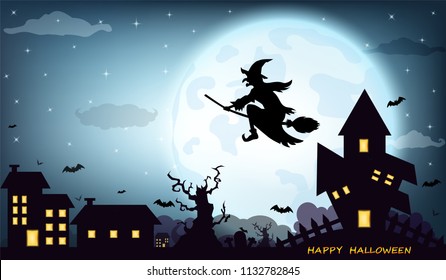 Halloween night background with Witch and Black silhouette house on the full moon. Blank space for text and content. Vector elements for banner, greeting card, celebration, party poster