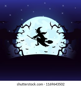 Halloween night background with Witch Black silhouette on the full moon. Blank space for text and content. Vector elements for banner, greeting card, celebration, party poster, paper art